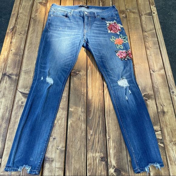 Express Denim - Express Womens 12R Stretch Distressed Ripped Mid Rise legging Embellished Floral